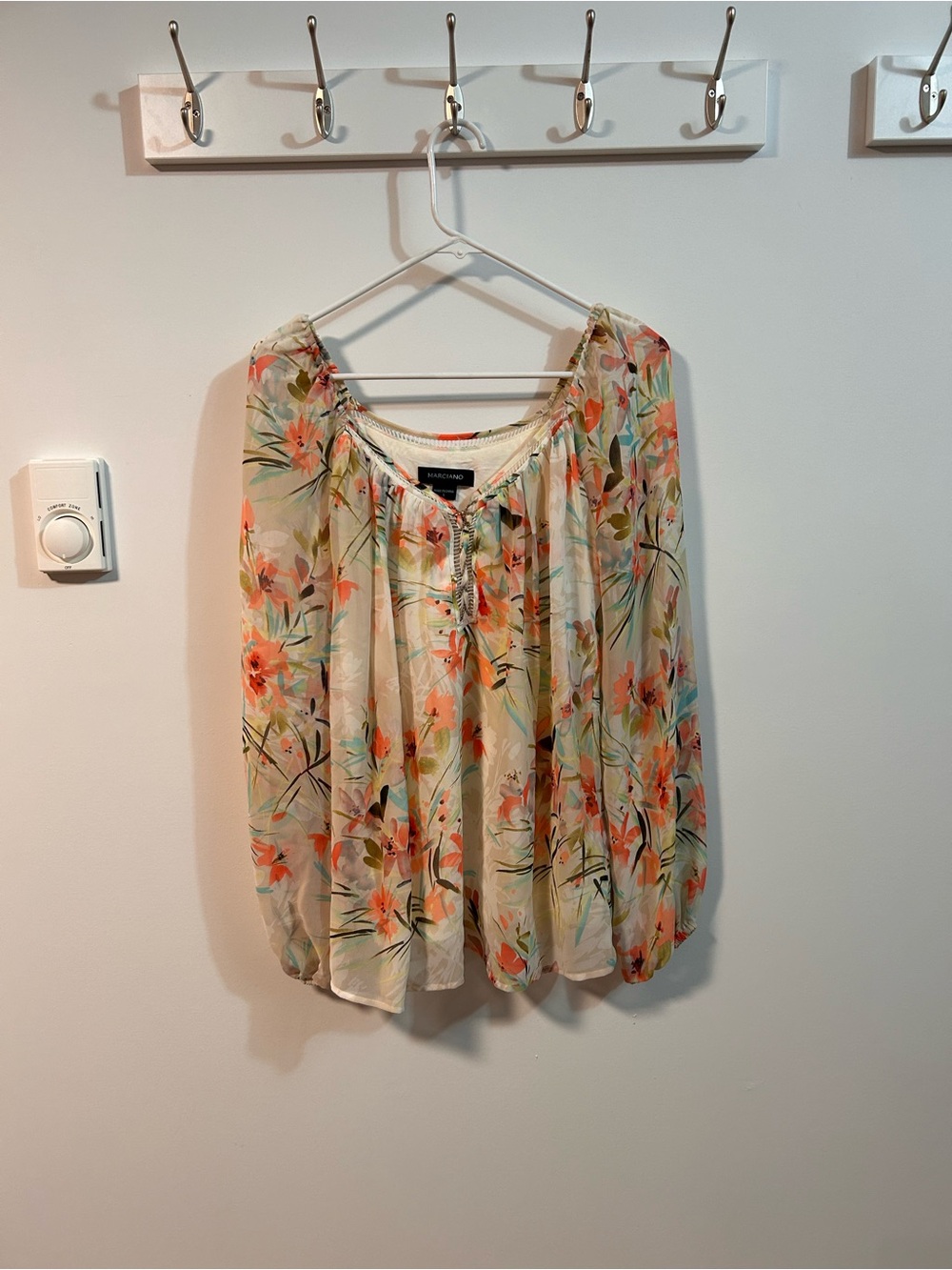 Marciano Cream Floral Peasant Blouse with Coral Accents
